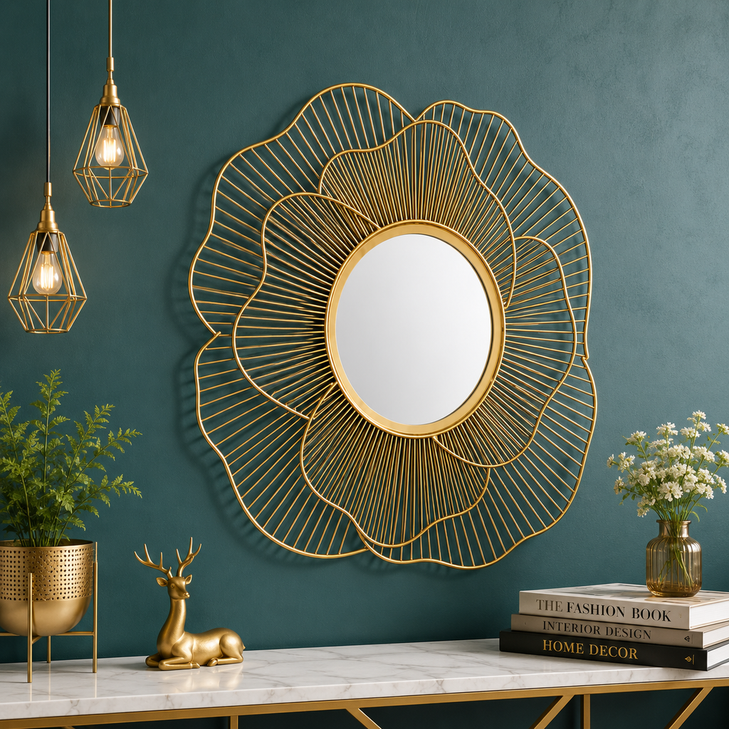Elegant Gold Metal Accent Wall Mirror – 24 Inch Decorative Floral Design
