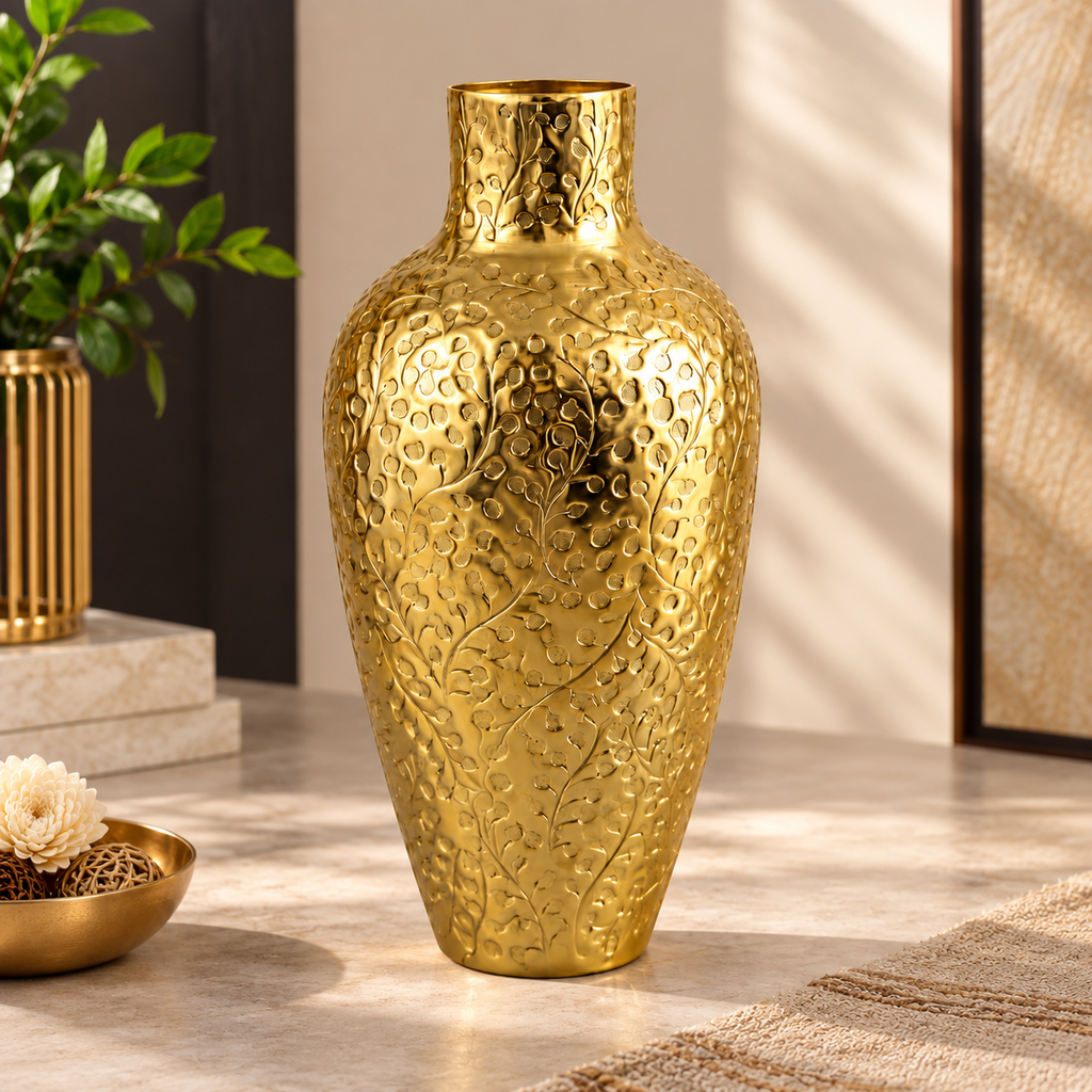 Golden Metal Decorative Vase with Embossed Floral Design – 21 × 21 × 39 cm