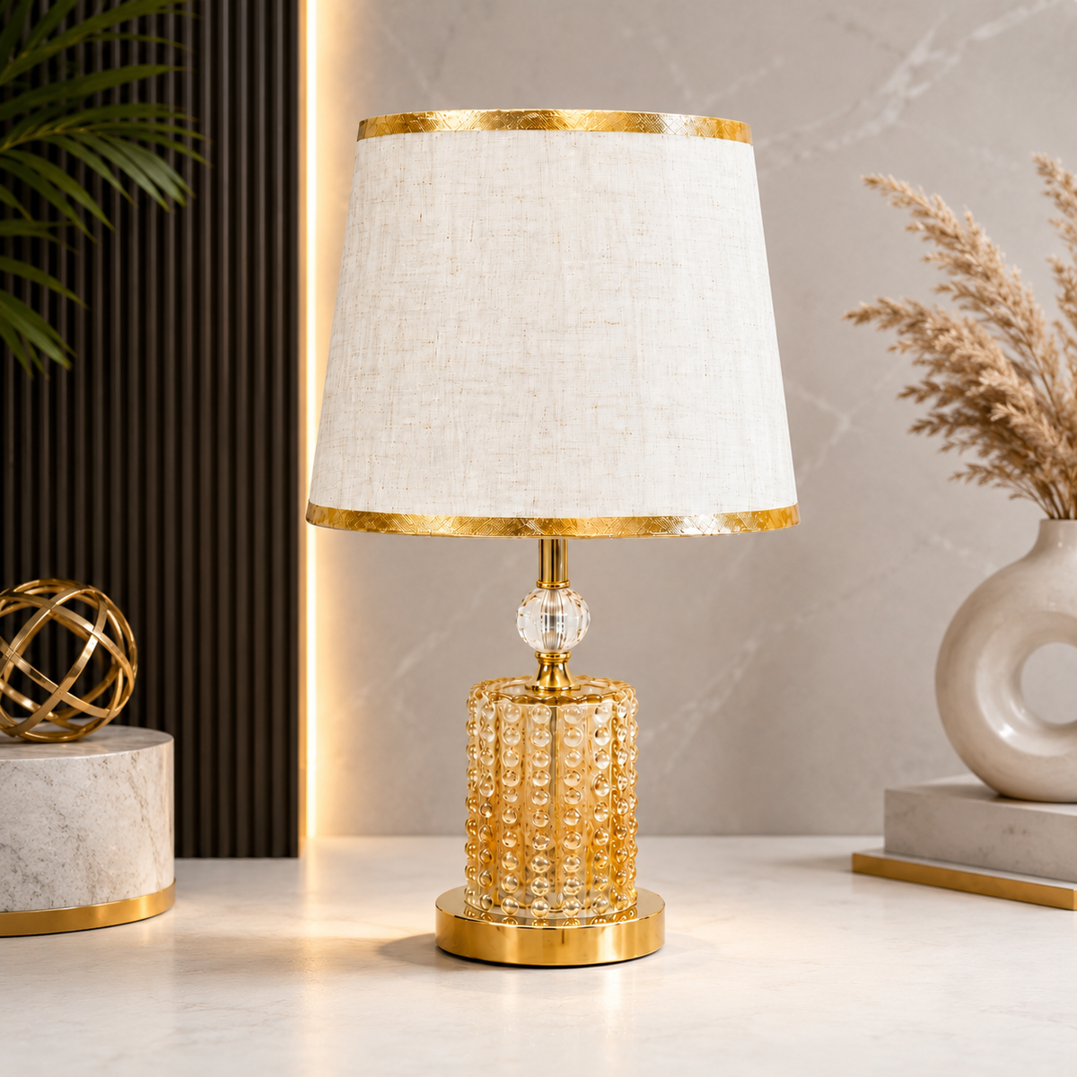 Gold Glass Table Lamp with 3 Colour Changing LED Lights – Elegant Decorative Lamp