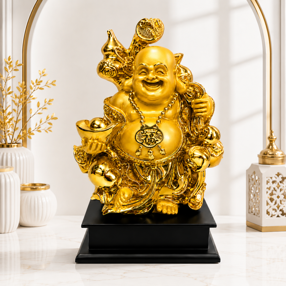 Golden Laughing Buddha Statue 11 x 7 Inch Decorative Idol for Home Décor