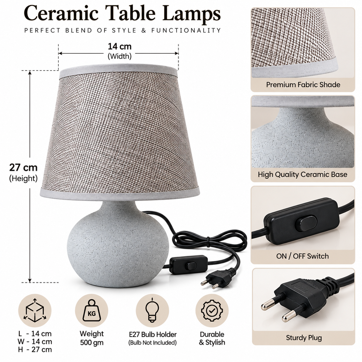 Grey Ceramic Table Lamp with Fabric Shade for Home Décor