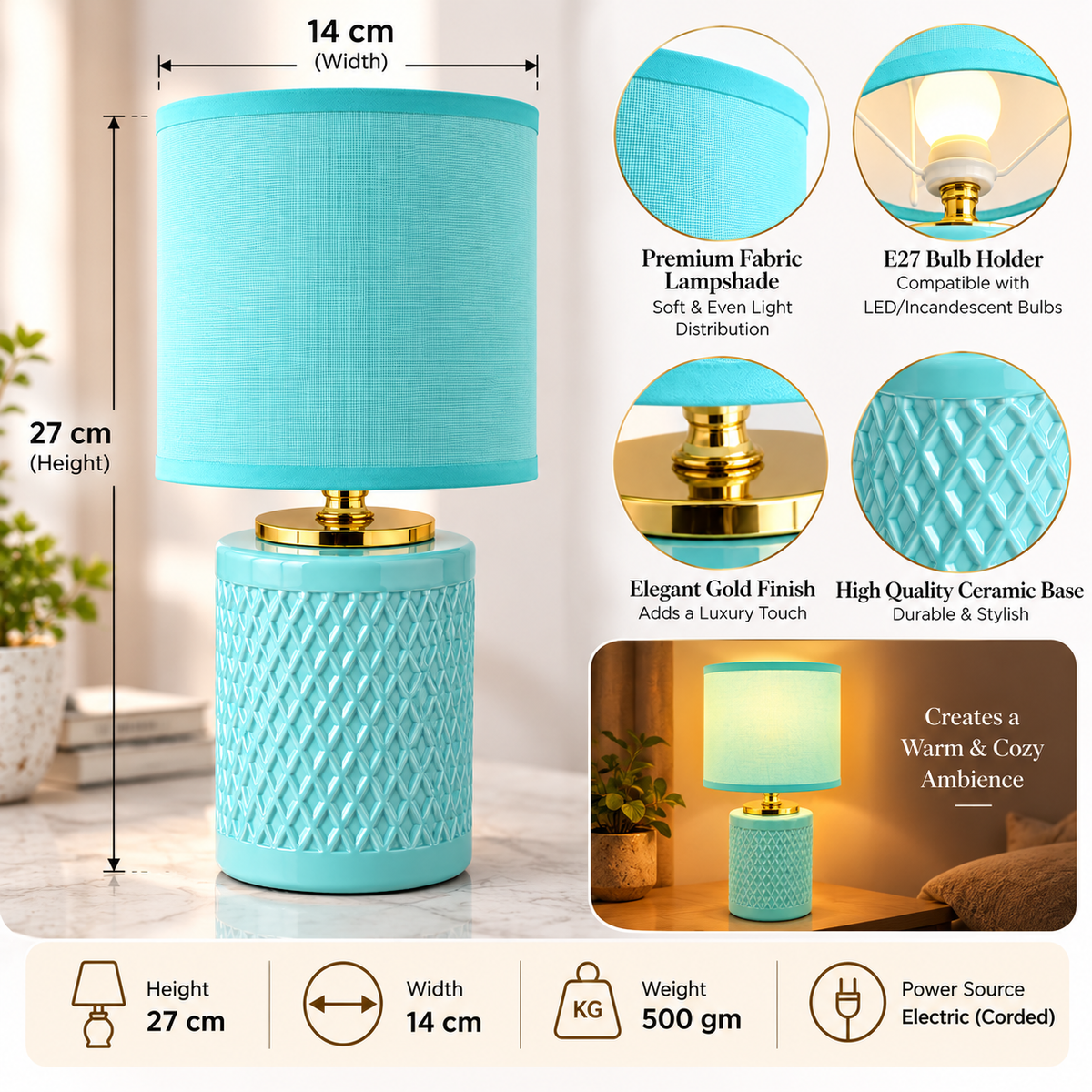 Turquoise Ceramic Table Lamp with Fabric Shade and Golden Finish