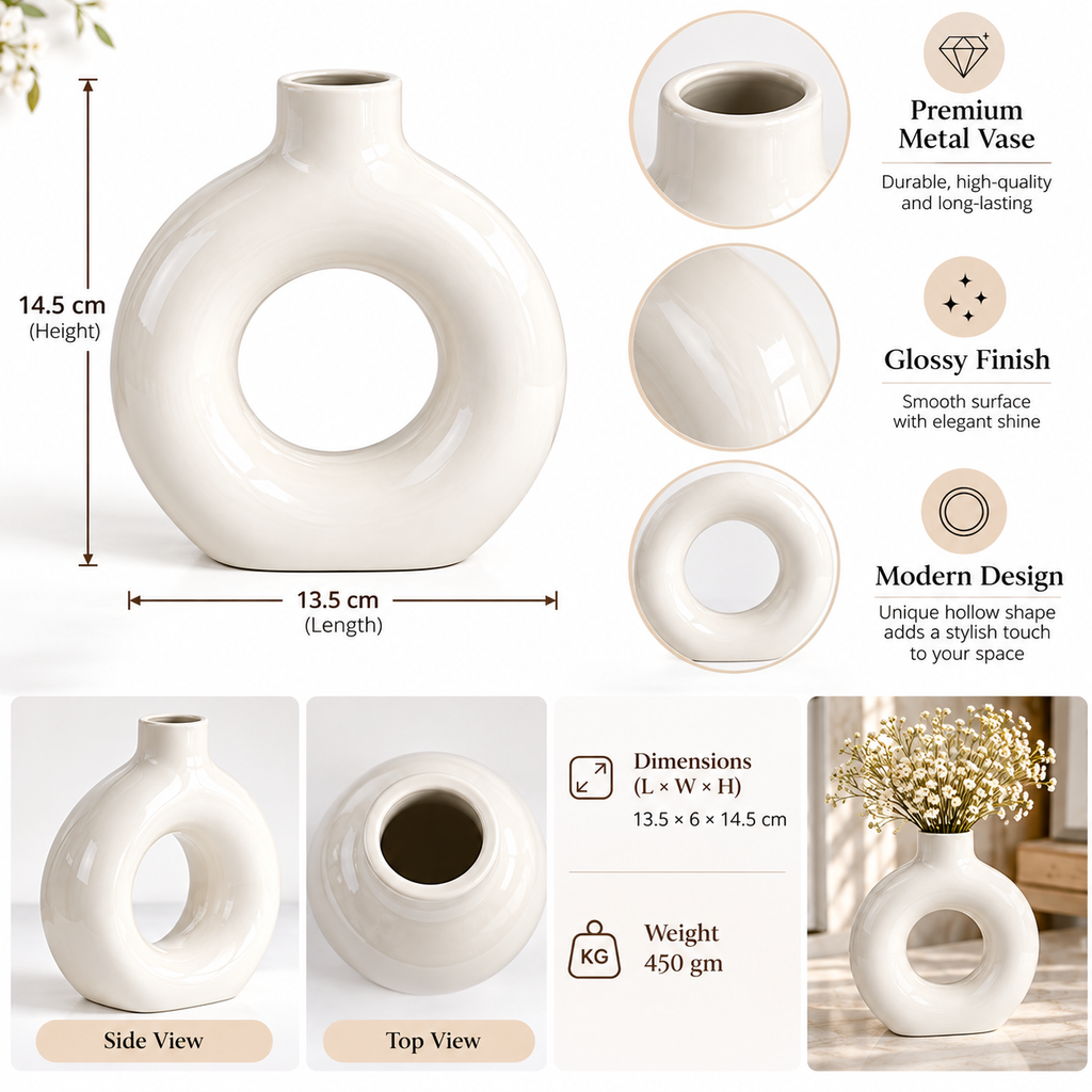 White Metal Round Hollow Decorative Vase for Home Décor