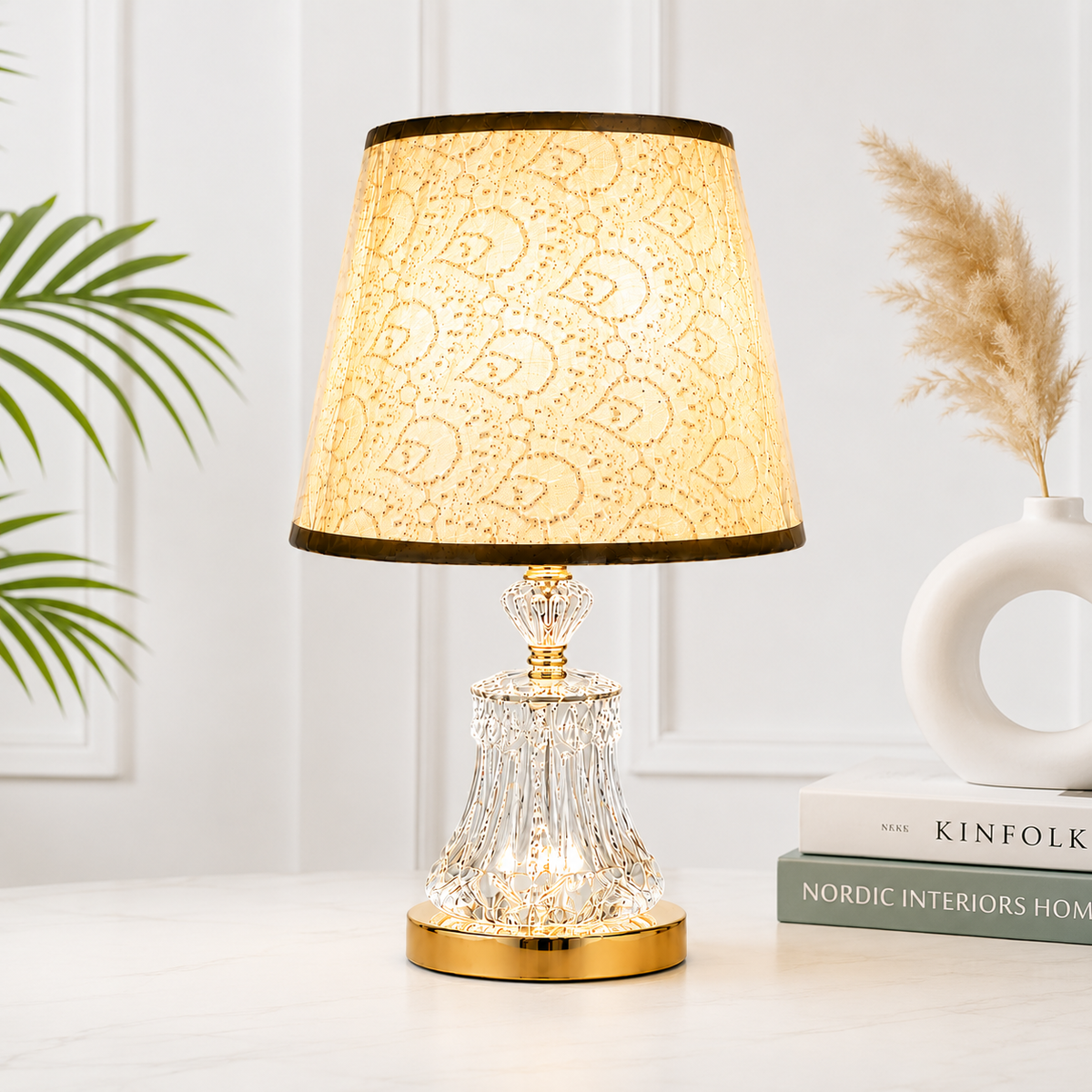 Gold Glass Table Lamp with 3 Colour Changing LED Lights – Elegant Decorative Bedside Lamp