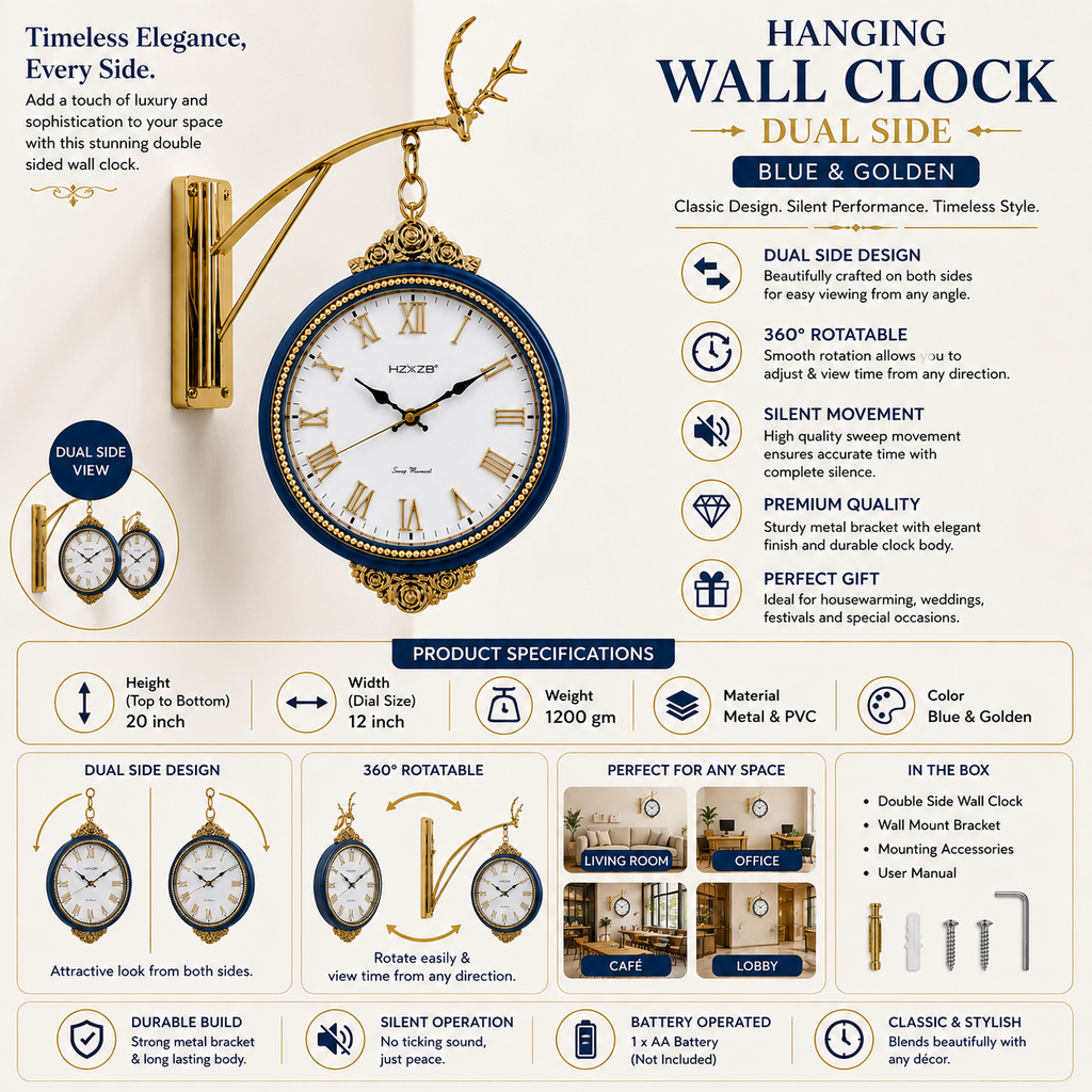 Blue & Golden Vintage Metal & PVC Hanging Wall Clock 20 Inch with 12 Inch Dial
