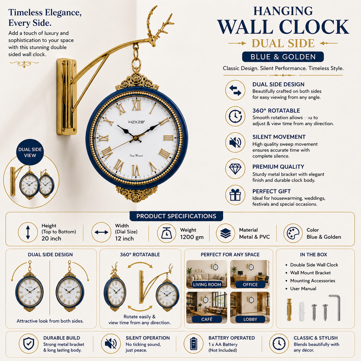 Blue & Golden Vintage Metal & PVC Hanging Wall Clock 20 Inch with 12 Inch Dial