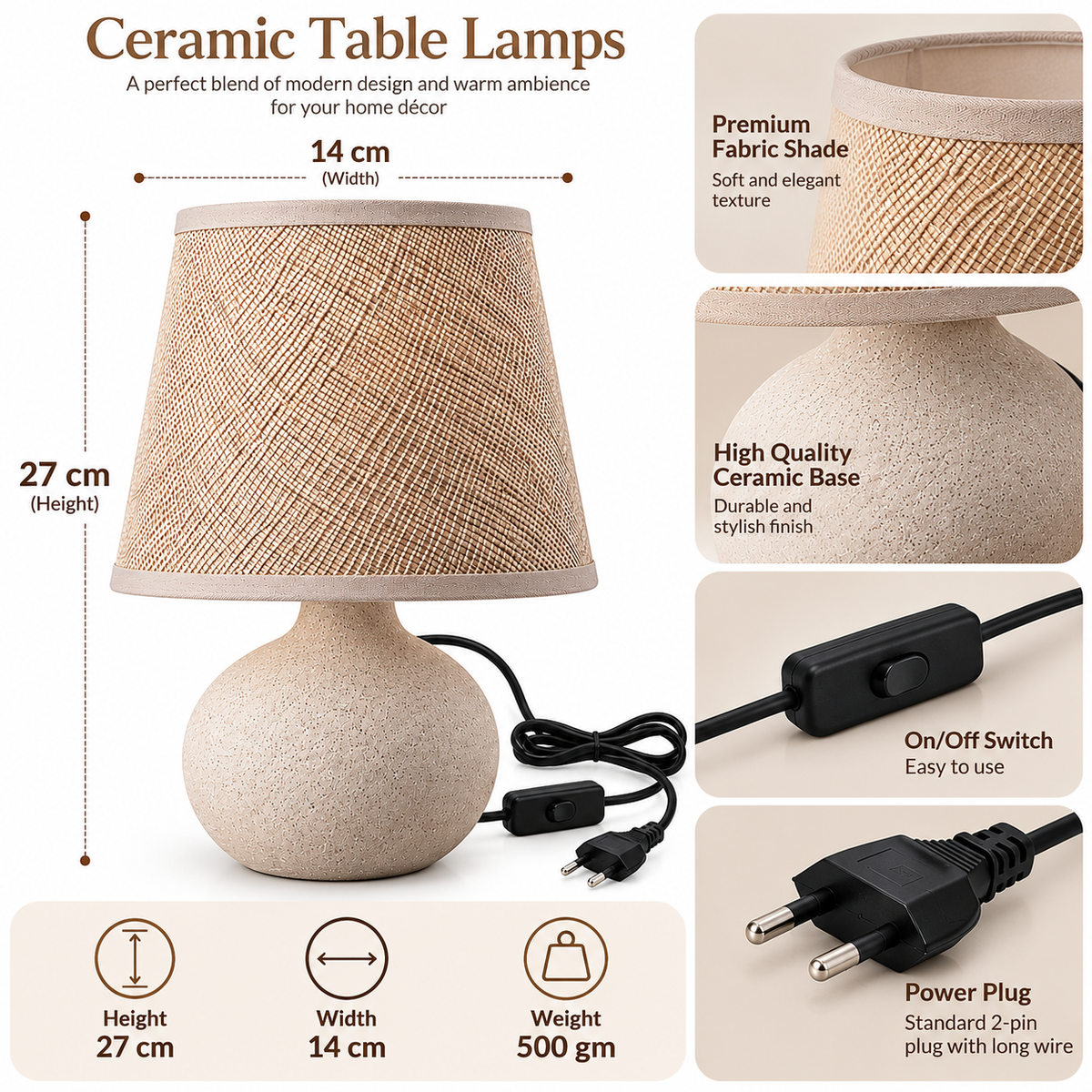 Beige Ceramic Table Lamp with Fabric Shade for Home Décor