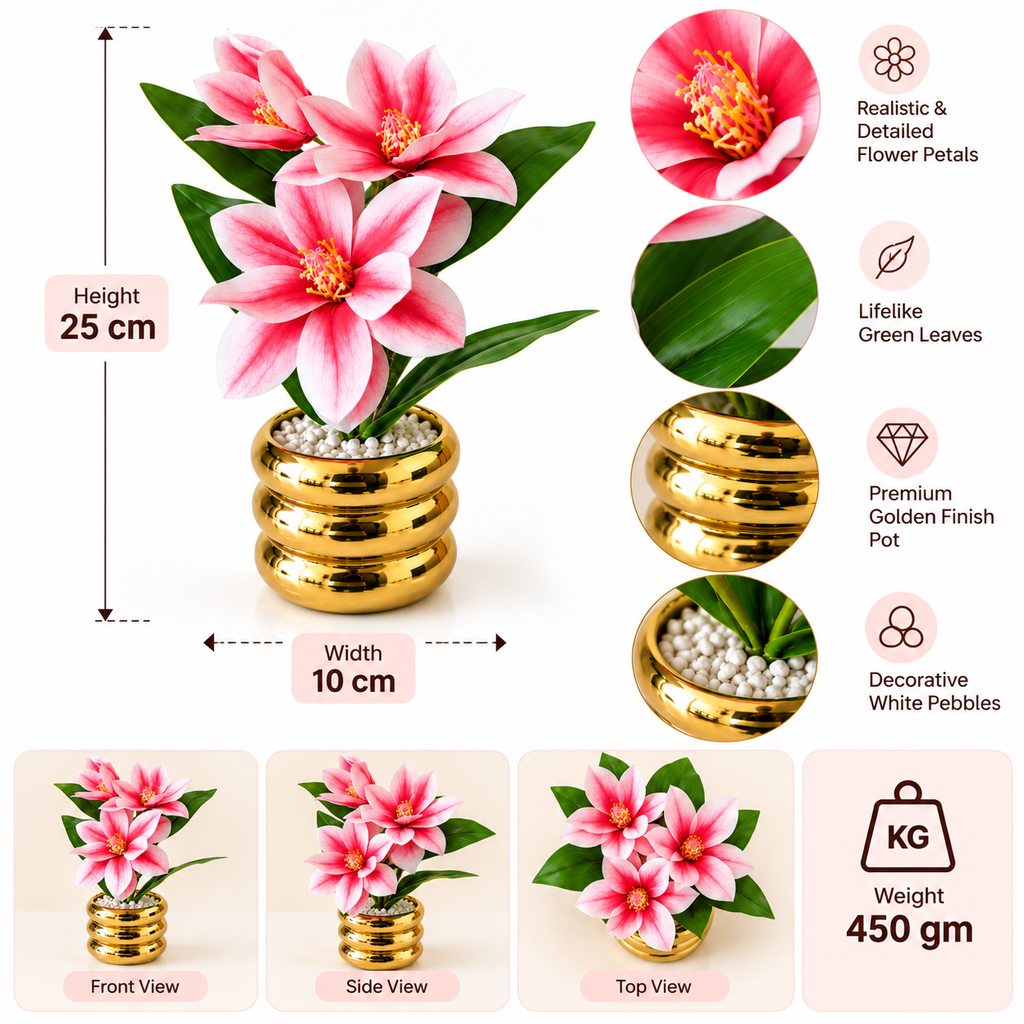 Pink Artificial Flowers in Golden Ceramic Pot for Home Décor
