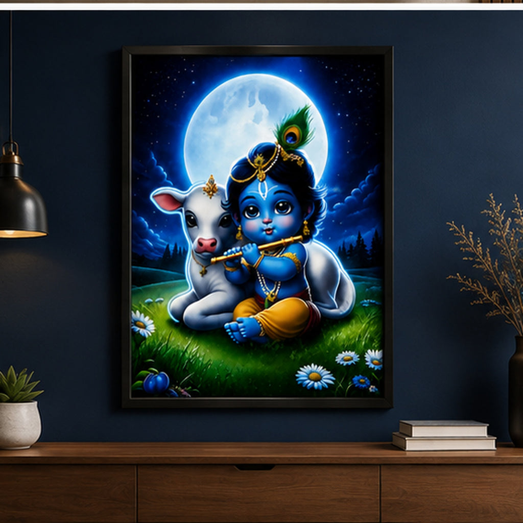 Bal Krishna Wall Painting | Cute Krishna Ji with Cow Religious Wall Art Decor