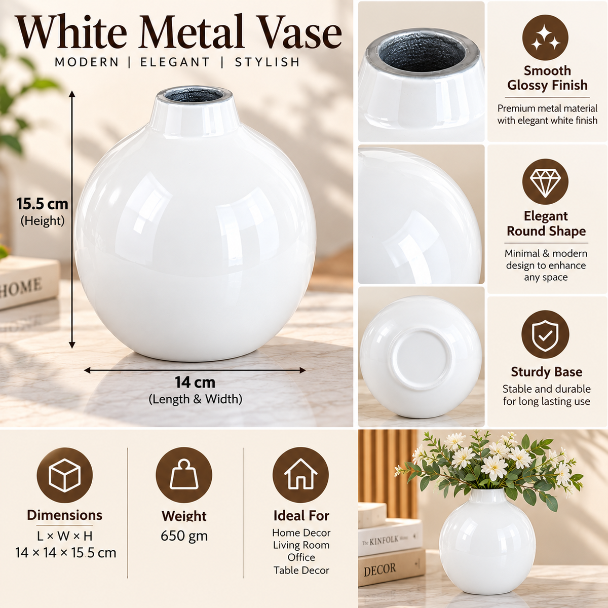 White Metal Round Decorative Vase for Home Décor