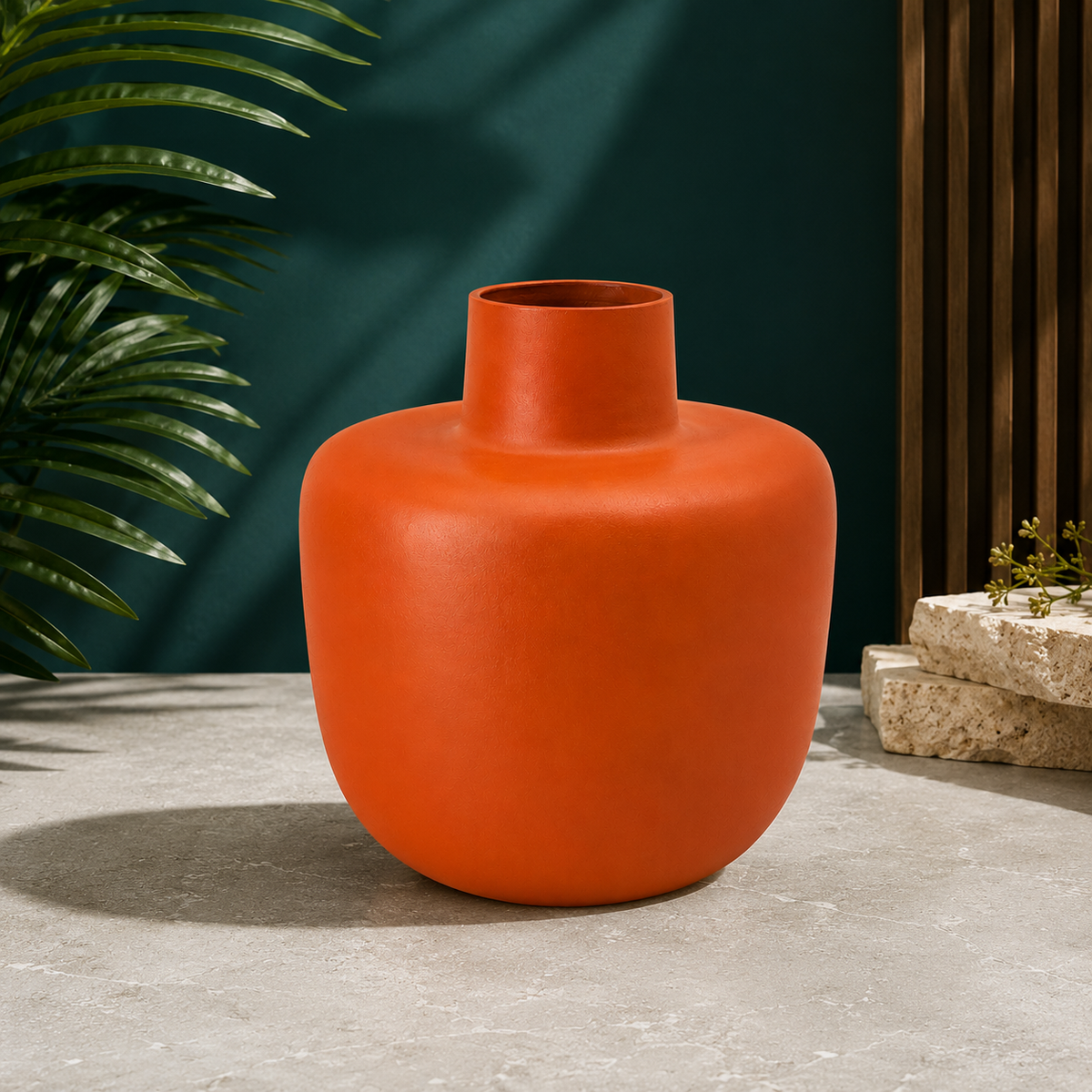 Orange Metal Decorative Vase 7.5 x 6 Inch Modern Minimalist Home Décor