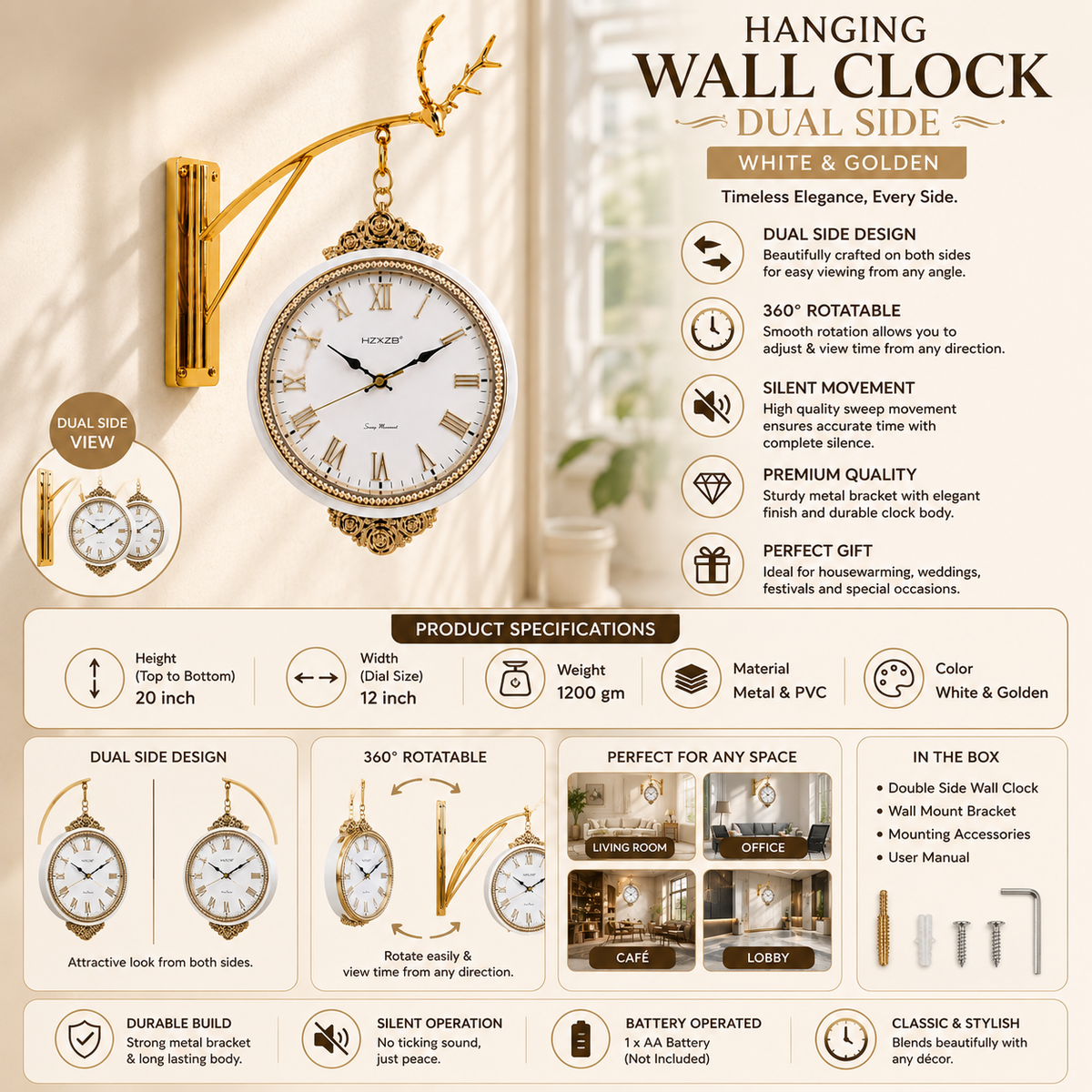 white & Golden Vintage Metal & PVC Wall Clock 20 Inch with 12 Inch Dial for Décor