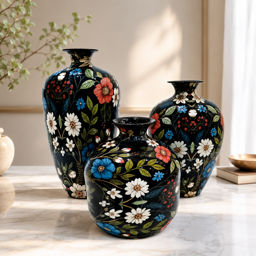 Premium Decorative Metal Vase Set of 3 | Black Floral Design Home Décor Vases