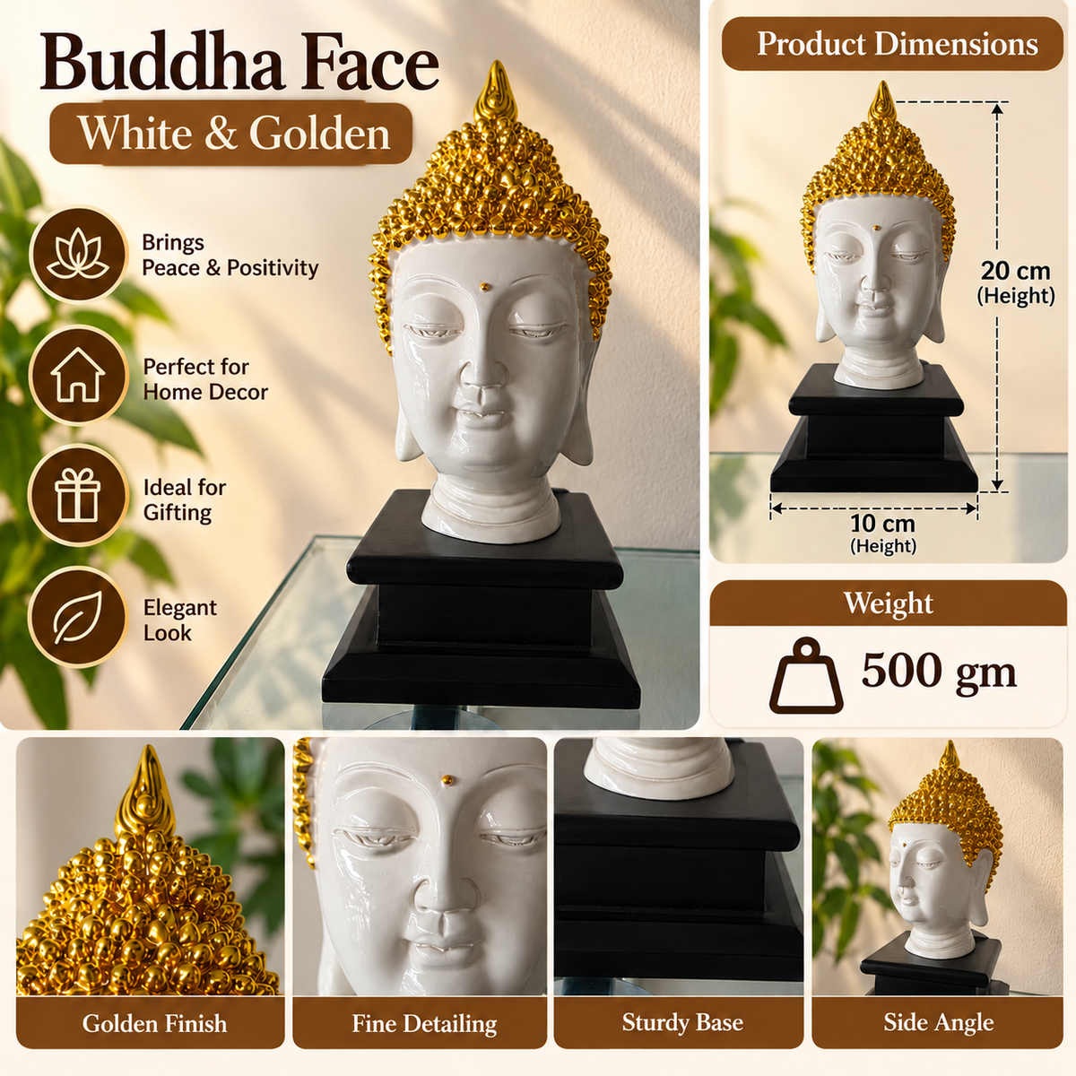 Buddha Face Showpiece White and Golden Decorative Statue