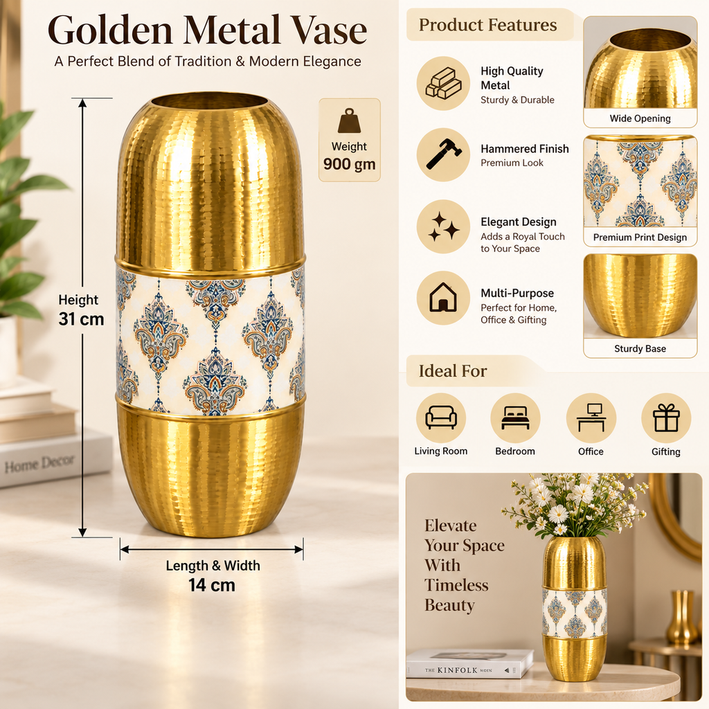 Golden Metal Decorative Vase with Hammered Finish & Premium Pattern