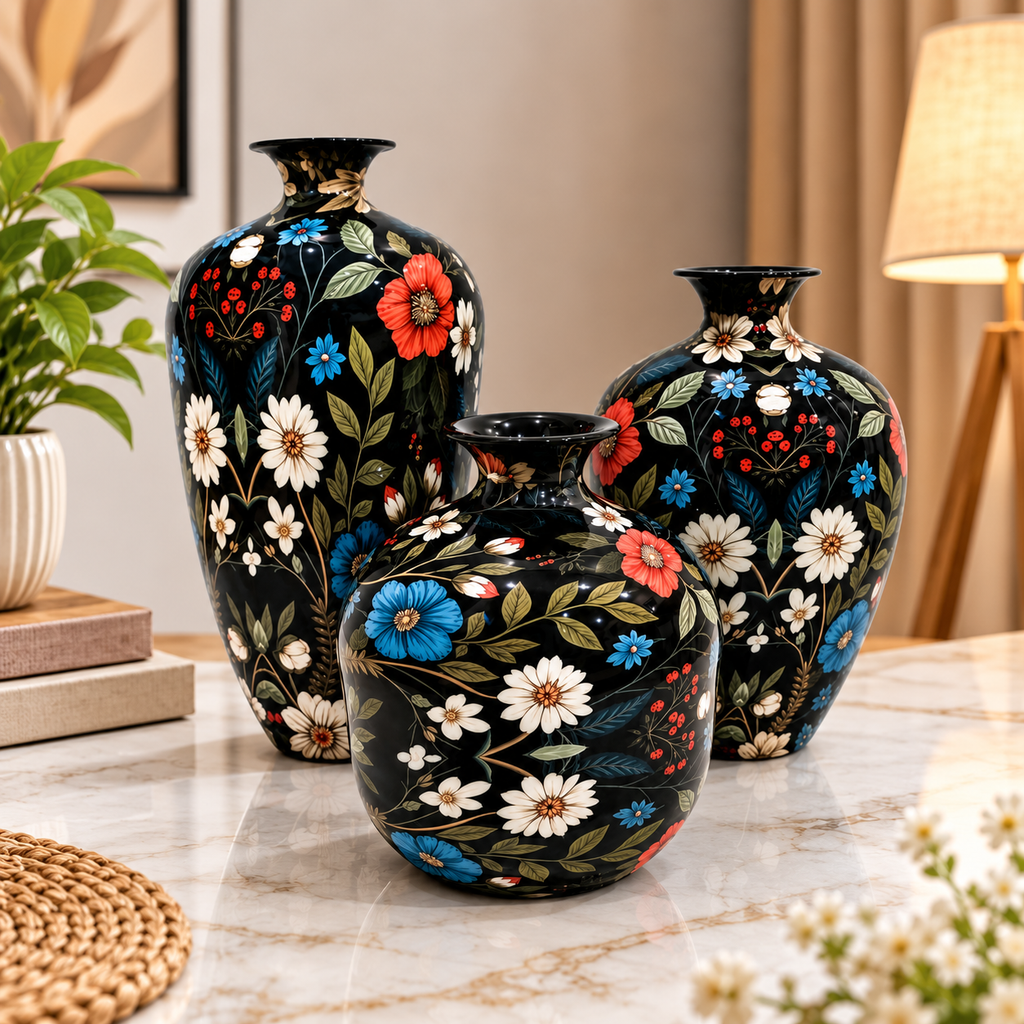 Premium Decorative Metal Vase Set of 3 | Black Floral Design Home Décor Vases