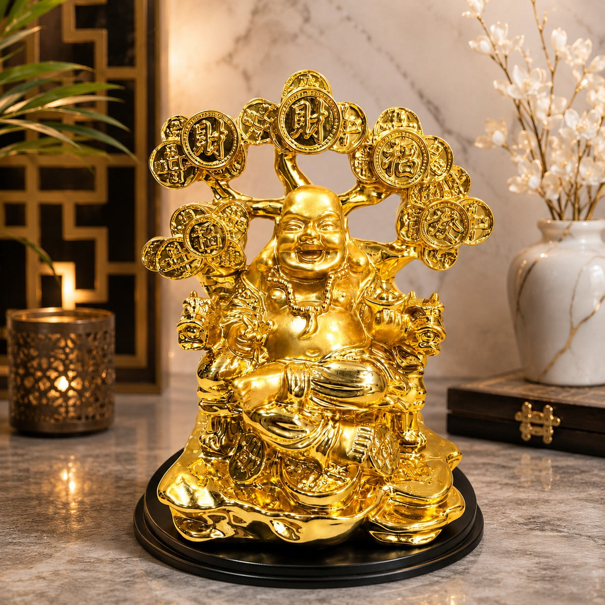 Golden Coins Laughing Buddha Statue 5.5 x 5 Inch Decorative Home Décor