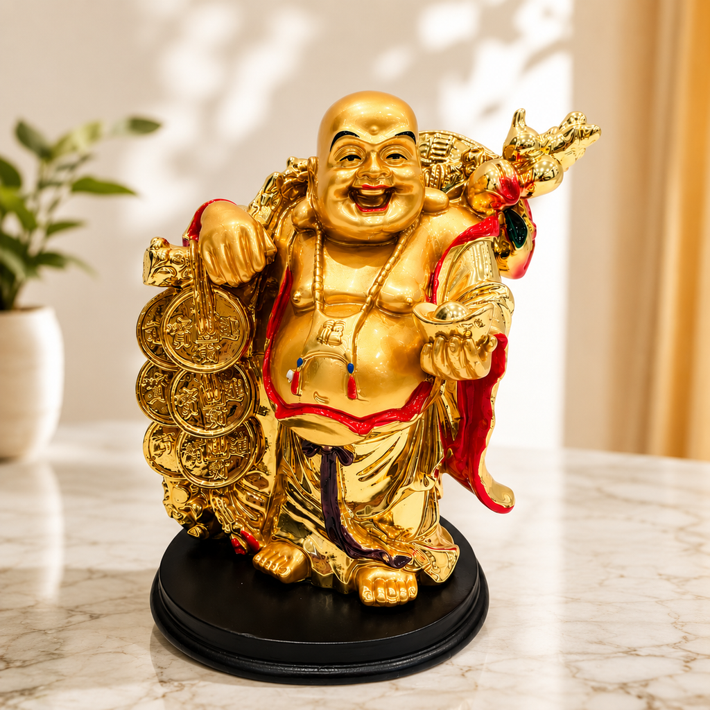 Gold Laughing Buddha Statue Resin Idol | 14 x 10.5 cm Home Décor & Gifting