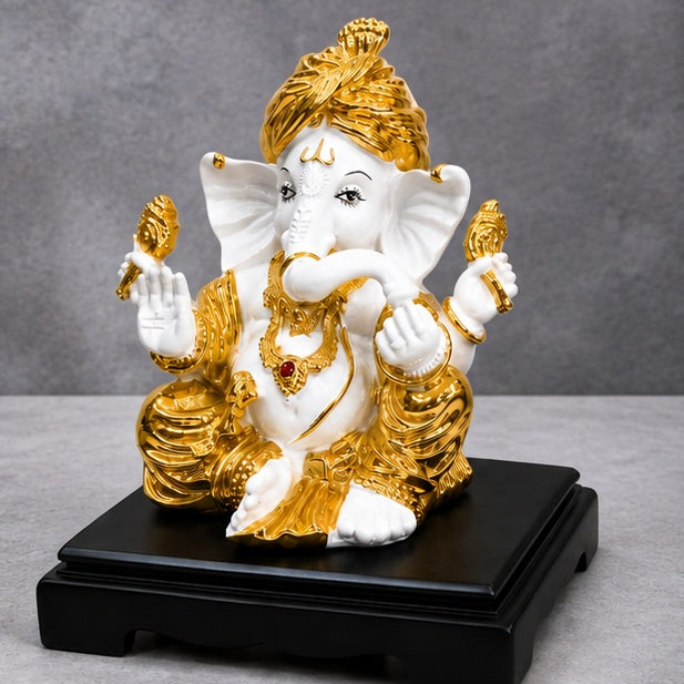 White & Gold Ganesha Statue 8.5 x 7.5 Inch Resin Idol with Black Stand