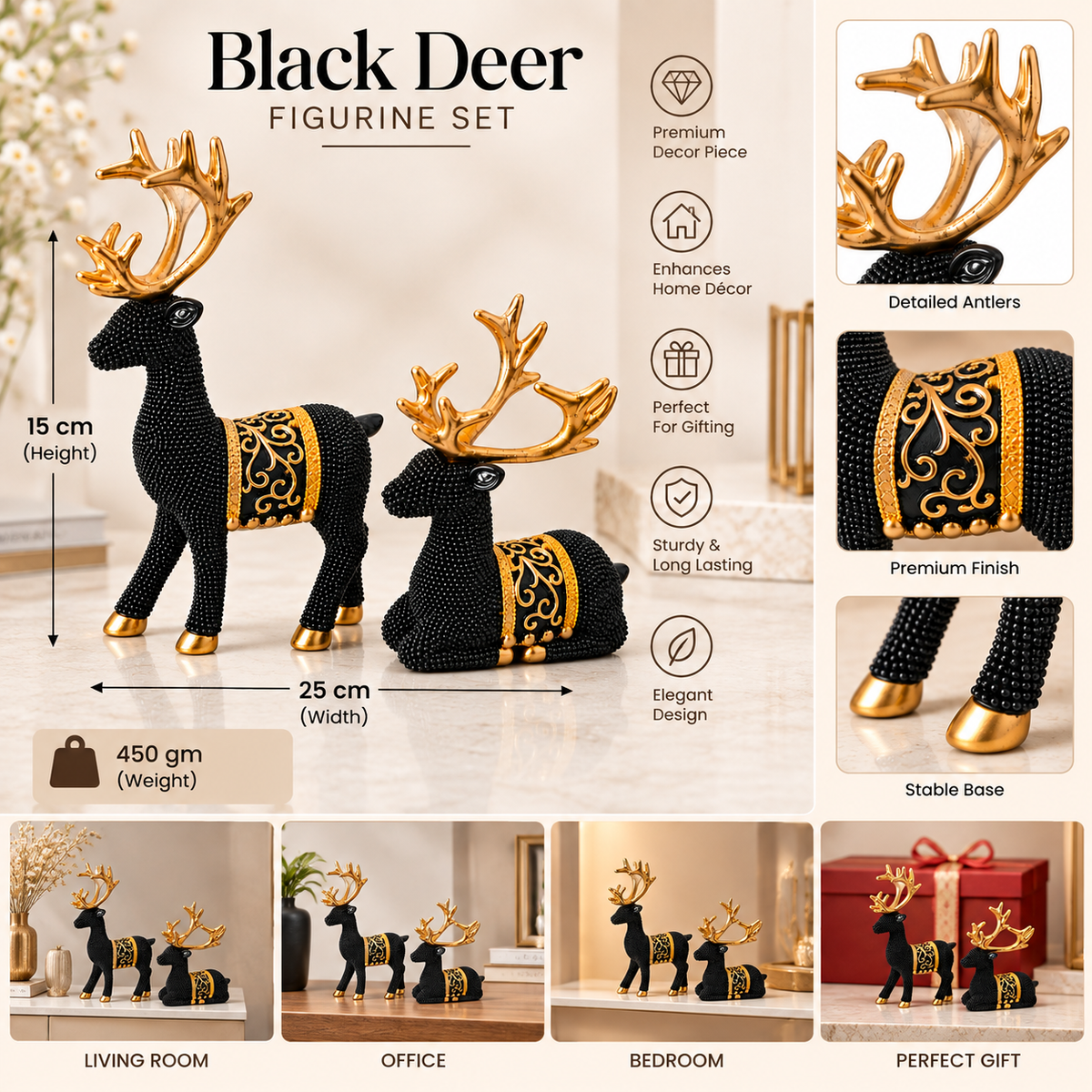 Black Deer Figurine Set with Golden Antlers | Elegant Deer Showpieces for Home Decor