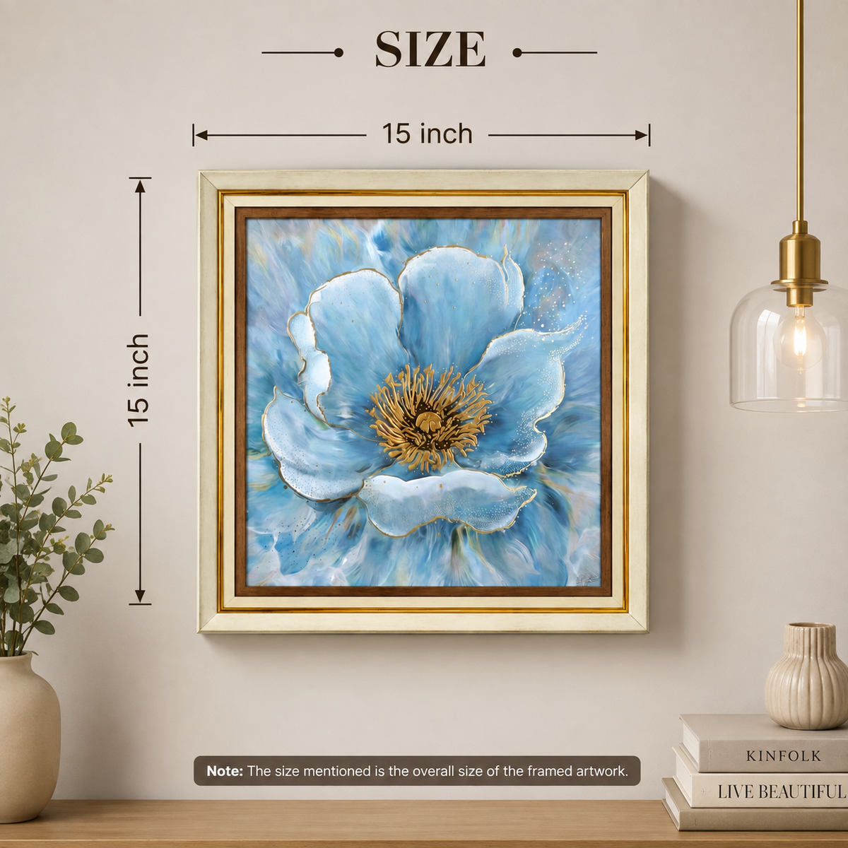 Blue Floral Canvas Wall Painting with Wooden Frame 15 x 15 Inch