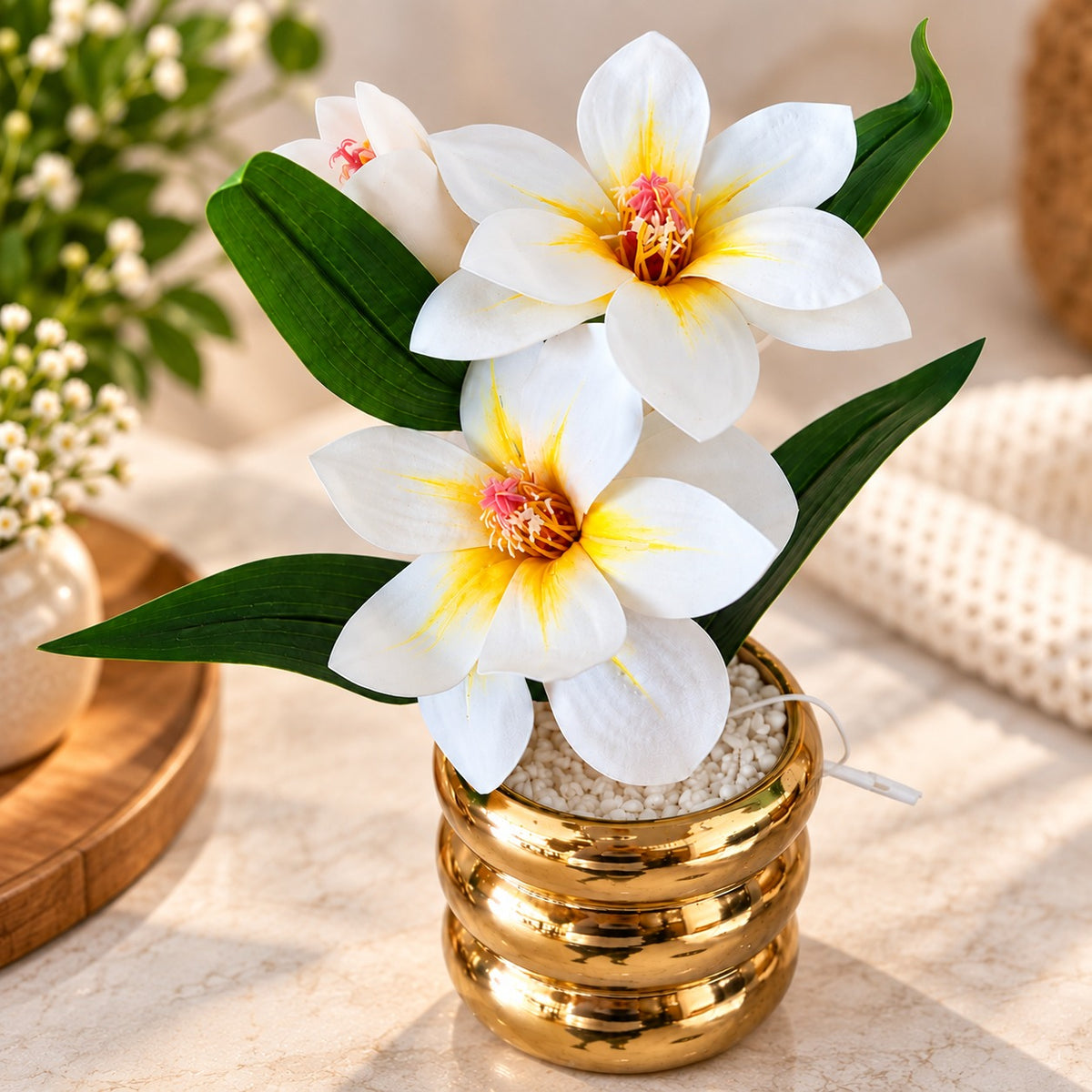 Artificial White Flower Pot with Golden Decorative Vase