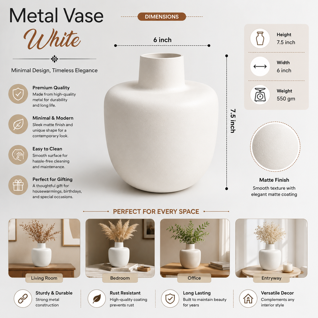 White Metal Decorative Vase 7.5 x 6 Inch Modern Minimalist Home Décor