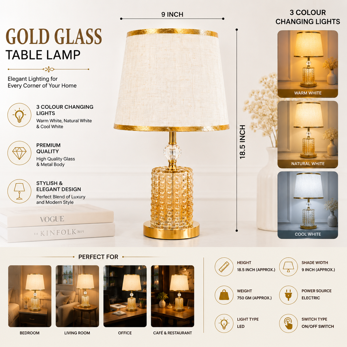 Gold Glass Table Lamp with 3 Colour Changing LED Lights – Elegant Decorative Lamp