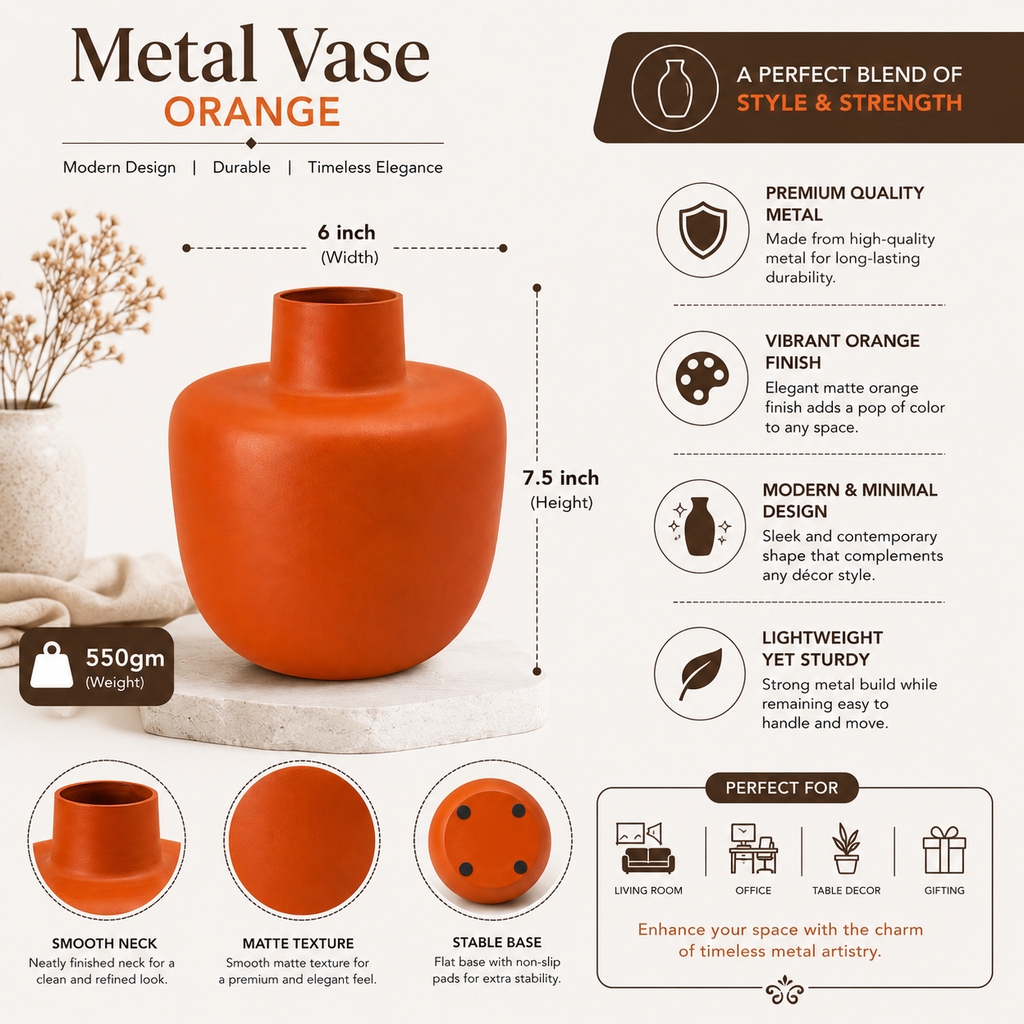 Orange Metal Decorative Vase 7.5 x 6 Inch Modern Minimalist Home Décor