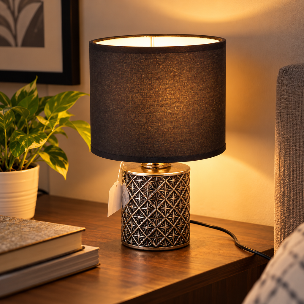 Black Ceramic Table Lamp with Fabric Shade and Golden Finish