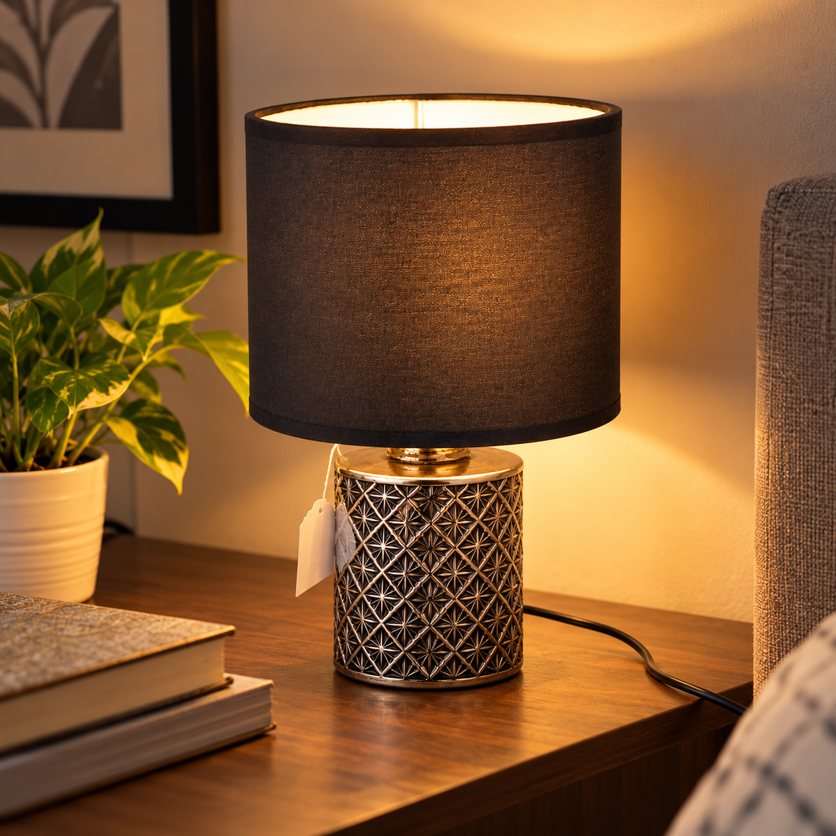 Black Ceramic Table Lamp with Fabric Shade and Golden Finish