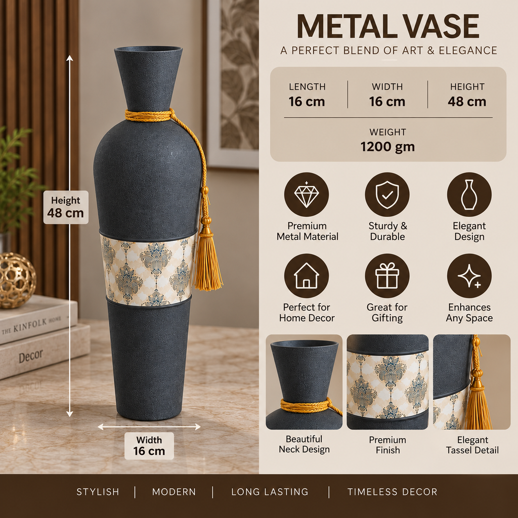 Blue Metal Decorative Vase with Golden Tassel & Premium Pattern for Home Decor