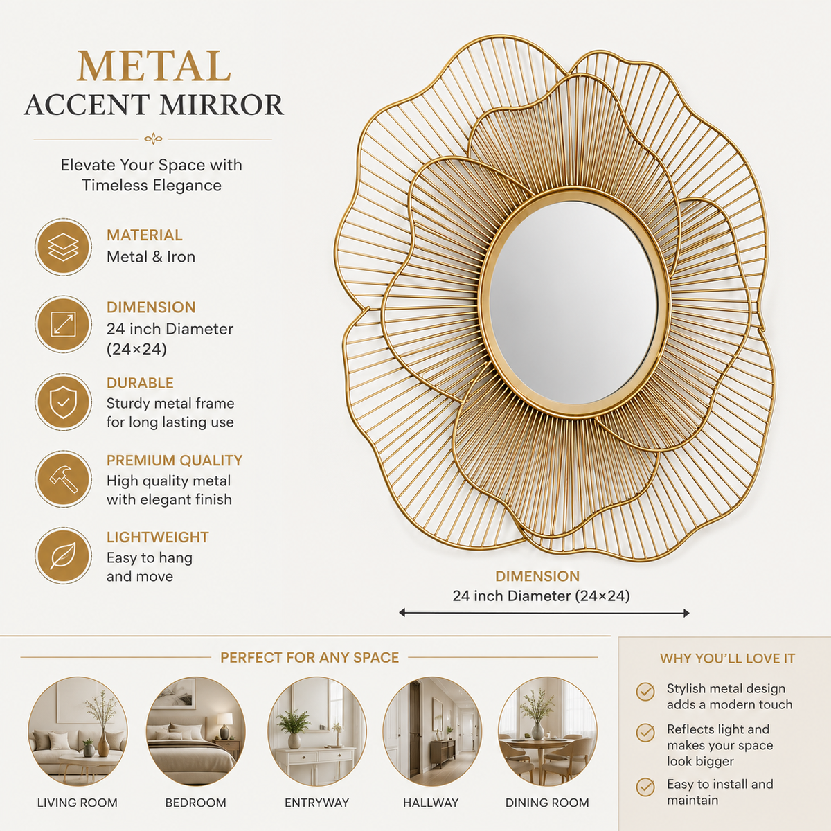 Elegant Gold Metal Accent Wall Mirror – 24 Inch Decorative Floral Design