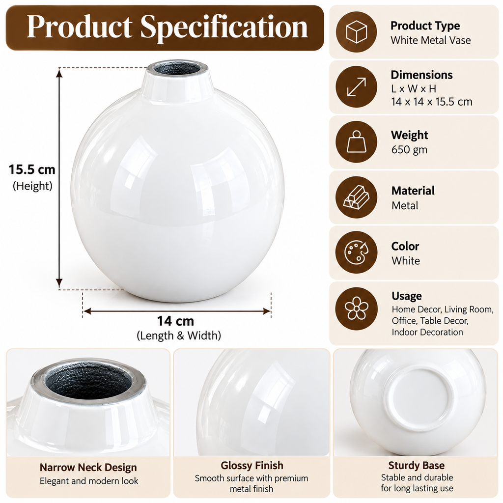 White Metal Round Decorative Vase for Home Décor