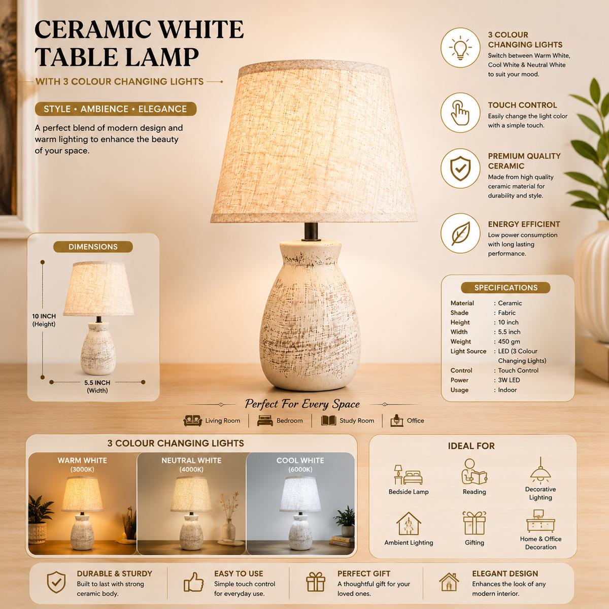 Decorative Table Lamp 10 x 5.5 Inch for Bedroom Living Room Home Décor