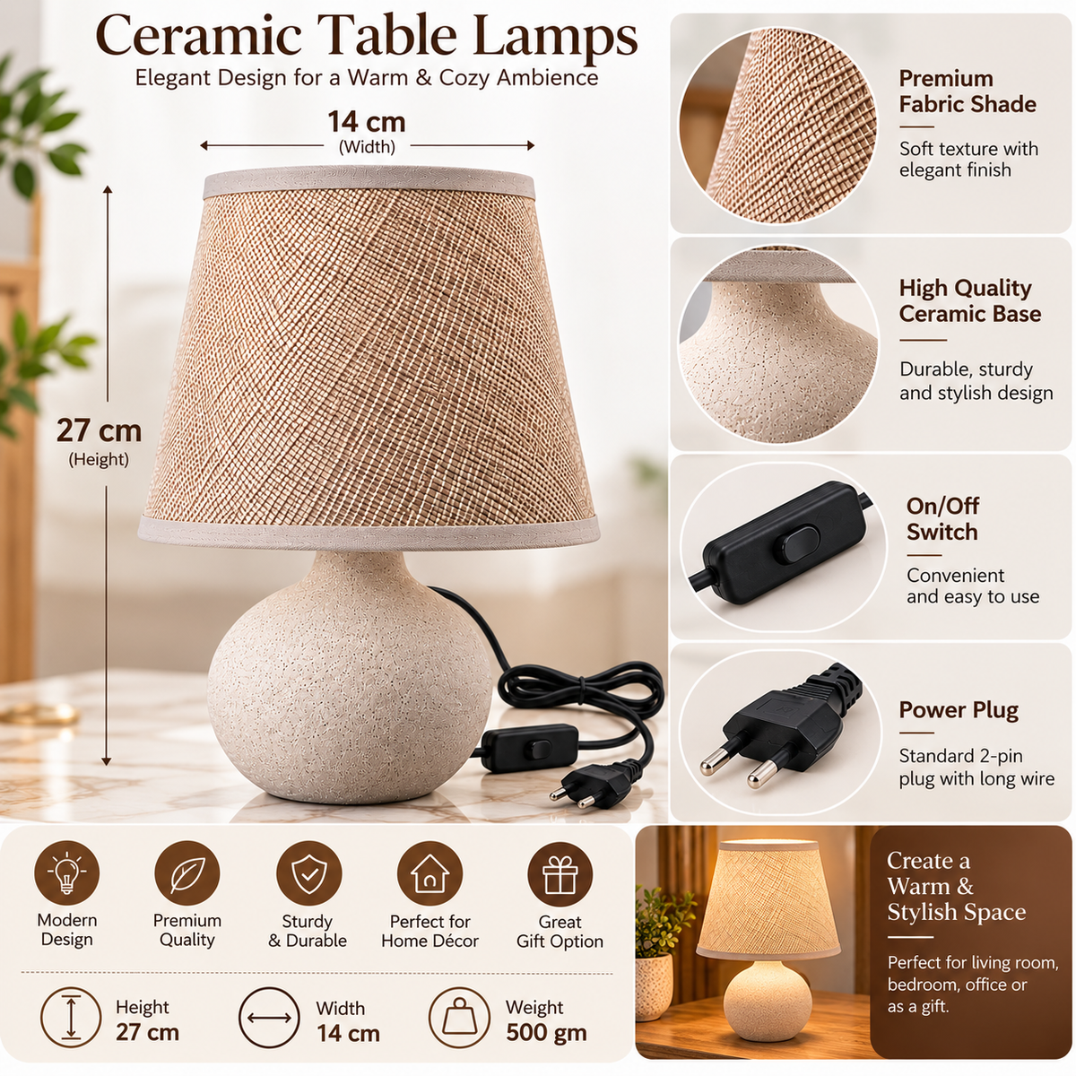 Beige Ceramic Table Lamp with Fabric Shade for Home Décor