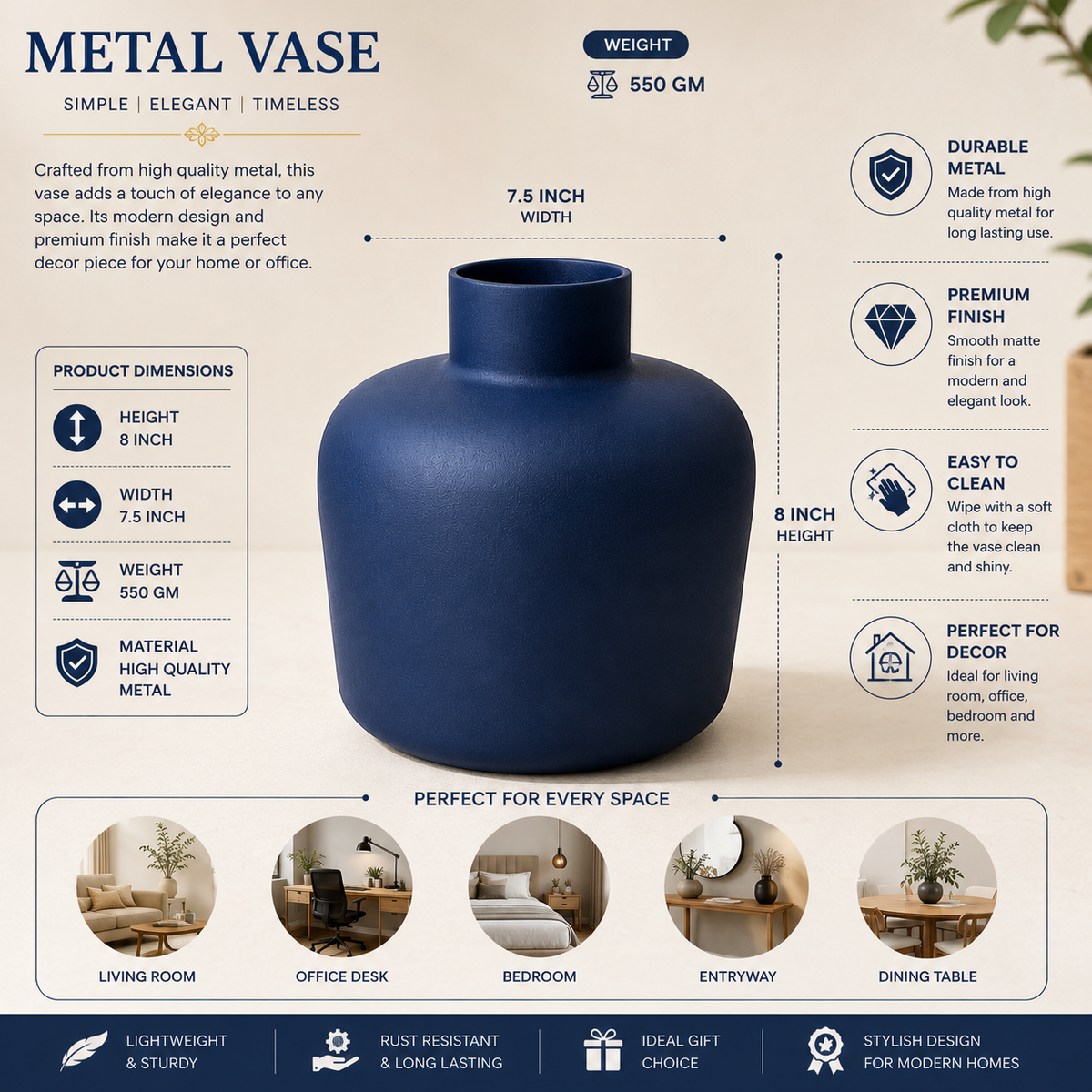 Navy Blue Metal Decorative Vase 8 x 7.5 Inch Modern Home Décor