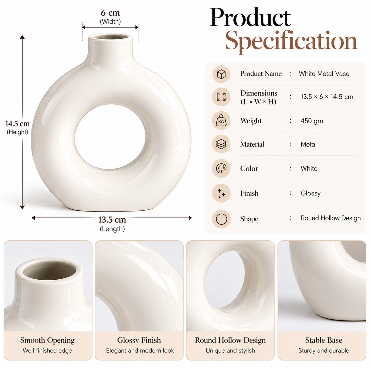 White Metal Round Hollow Decorative Vase for Home Décor