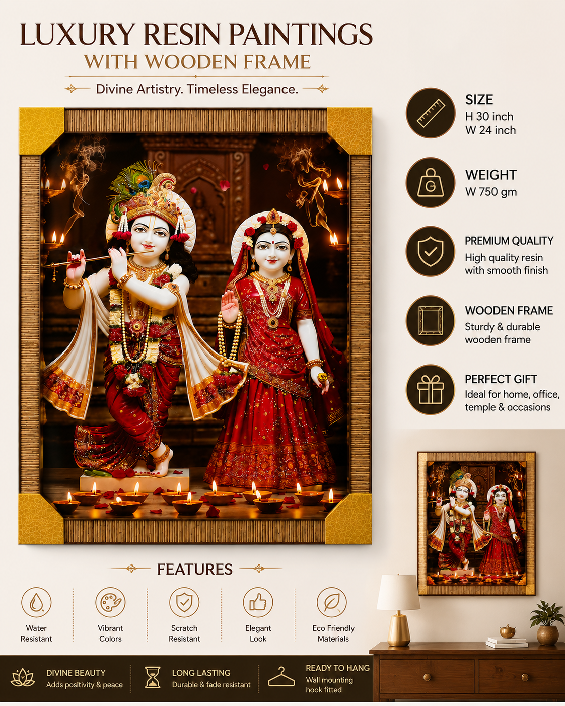 Luxury Radha Krishna Resin Wall Painting with Wooden Frame – 30 × 24 Inch