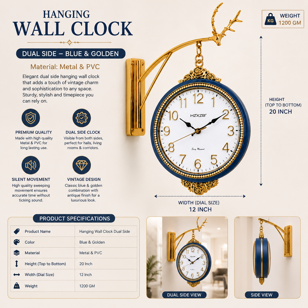 Blue & Golden Vintage Metal & PVC Hanging Wall Clock 20 Inch with 12 Inch Dial