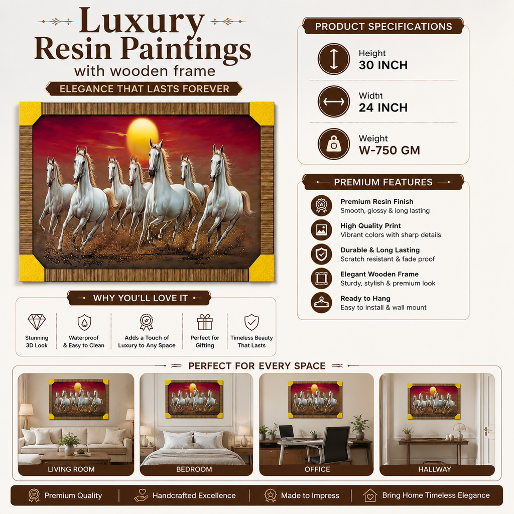 Seven Running Horses Framed Wall Painting – Premium Decorative Wall Art for Home & Office