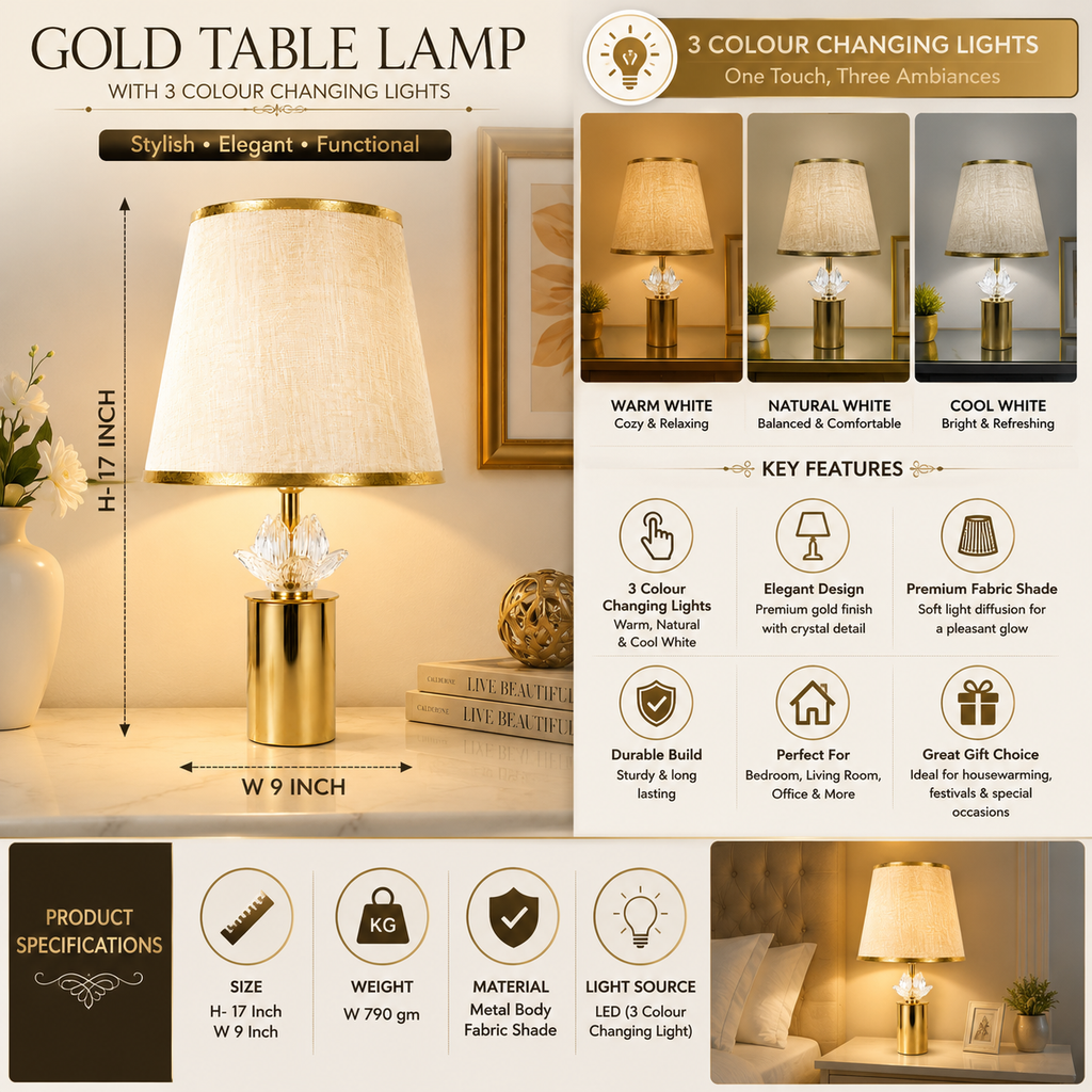 Gold Table Lamp with 3 Colour Changing LED Lights – Elegant Decorative Bedside Lamp