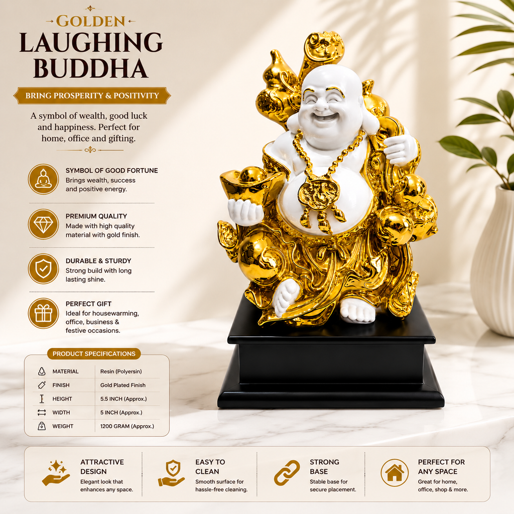 Golden Laughing Buddha Statue 11 x 7 Inch Decorative Figurine for Home Décor