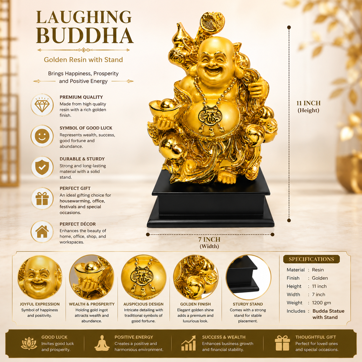 Golden Laughing Buddha Statue 11 x 7 Inch Decorative Idol for Home Décor