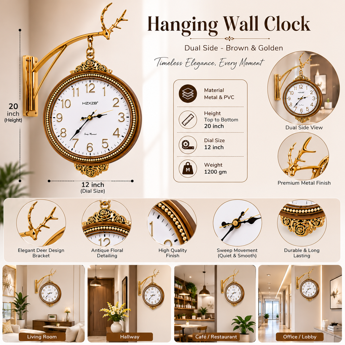 Golden Vintage Metal & PVC Hanging Wall Clock 20 Inch with 12 Inch Dial