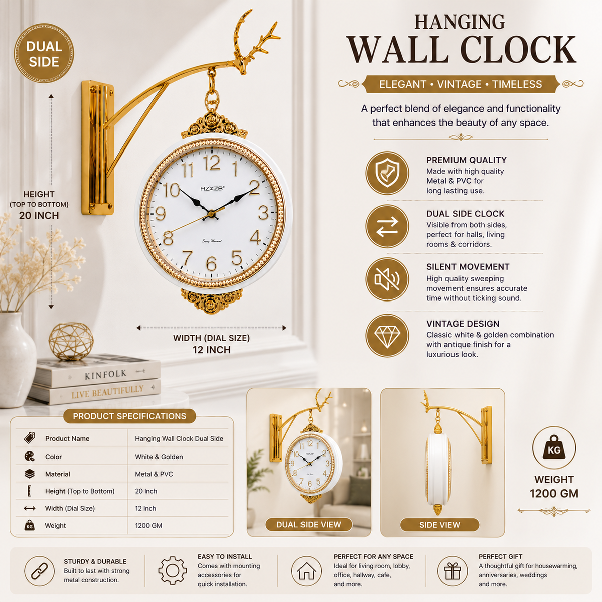 white & Golden Vintage Metal & PVC Wall Clock 20 Inch with 12 Inch Dial for Décor