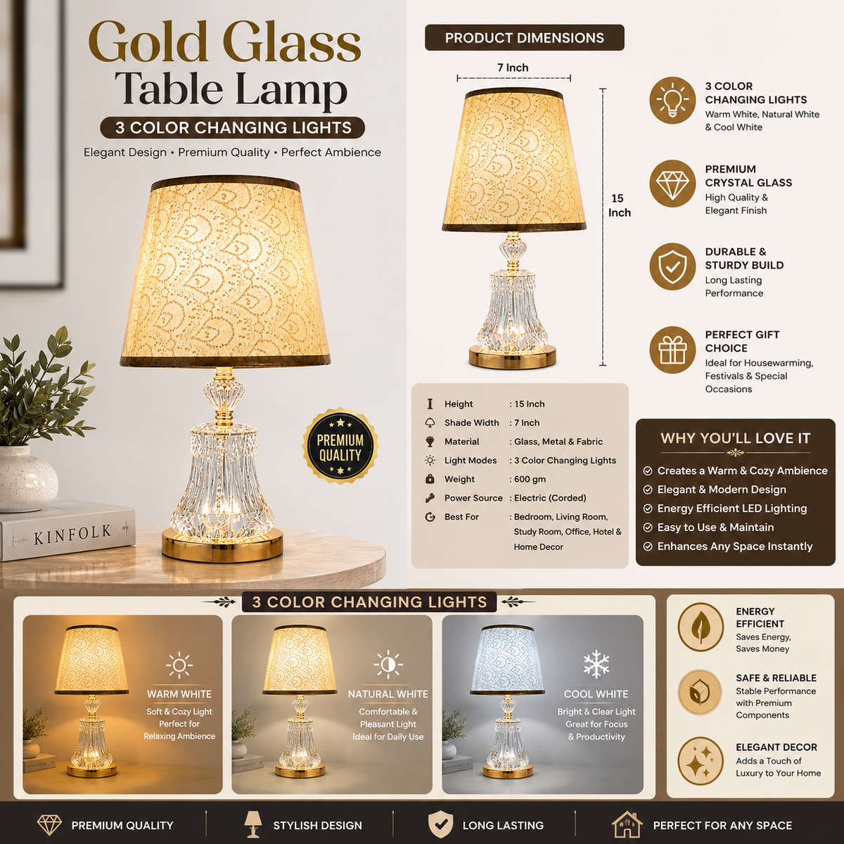 Gold Glass Table Lamp with 3 Colour Changing LED Lights – Elegant Decorative Bedside Lamp