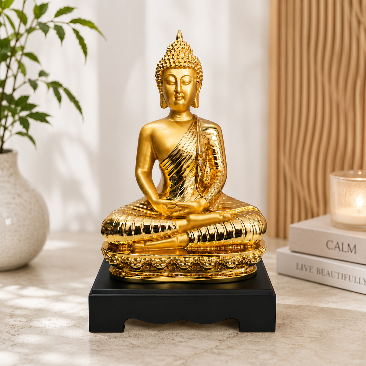Golden Buddha Statue 13 x 7.5 Inch Decorative Idol with Black Stand for Décor
