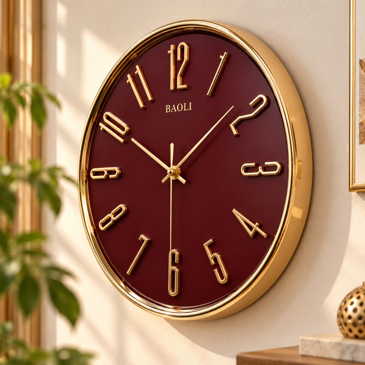 Burgundy and Golden Decorative Analog Wall Clock