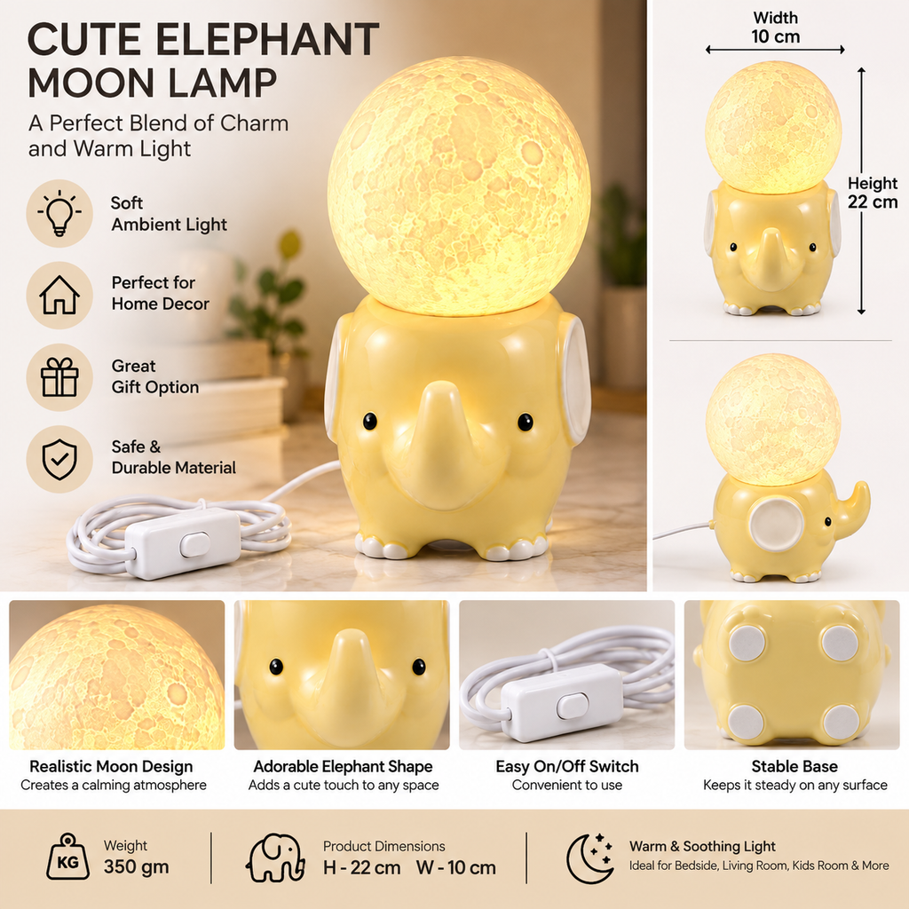 Cute Yellow Elephant Moon Lamp with Warm Light | Decorative Night Lamp